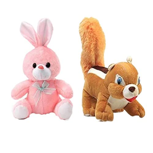 Super Soft Toys for Cute Kids Baby Boys/Girls Animal Stuffed Plush Toy Teddy Bear for Kids Birthday Gift Pink Benny Rabbite and Squirrel Fluffy Toys for Pack of 2
