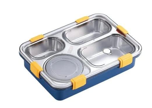 Image of 4 Compartment Lunch Box for Office Men, Women, Big Size, Stainless Steel, Leak-Proof, Insulated, Bento Lunch Box for Adults, with Air-Tight Bowl, Spoon Storage Space. Tiffin Box for Office