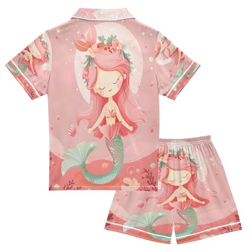 ALAZA Mermaid Coral Reef Satin Pajamas Set Short Sleeve Button Down Sleepwear Summer Pjs 2 Piece2