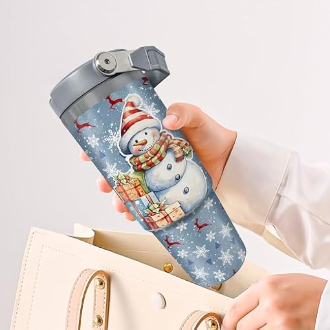 30oz Christmas Snowman Tumbler - Insulated Travel Mug with Lid, Straw, Handle, Ideal for Holiday Gifts, Hand Wash Only