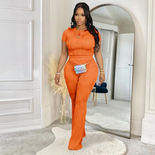 Fastkoala Women's Two Piece Outfits Summer Casual Sweatsuits Short Sleeve Sweatshirt with Flare Pants Tracksuits Sets2