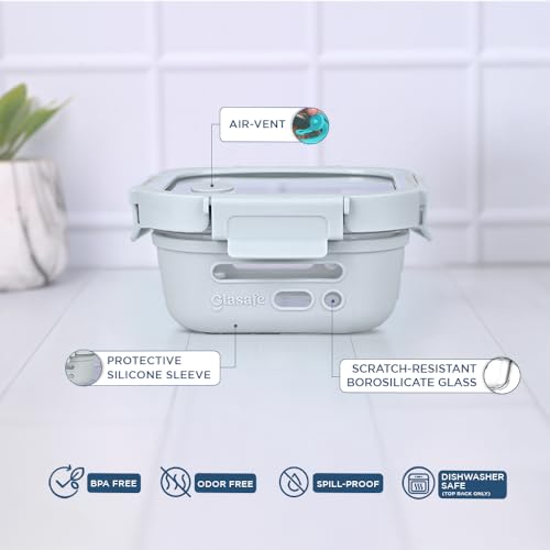 Image of GLASAFE Borosilicate Glass Lunch Box for Office w /t Air-Tight lid & Protective Silicone Sleeve | Tiffin Box for Men & Woman | Microwave & Dishwasher Safe | Leakproof Design | Set of 2-320ml (Grey)