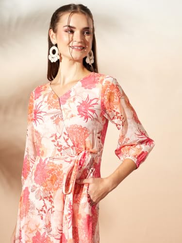 Image of Miss Chase Women's Multicolored Black Floral V-Neck 3 /4 Sleeve Wrap Chiffon Midi Dress