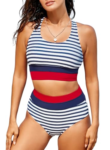 Dokotoo Women's High Waisted Bikini Sets Two Piece Swimsuits Color Block Scoop Neck Bathing Suits