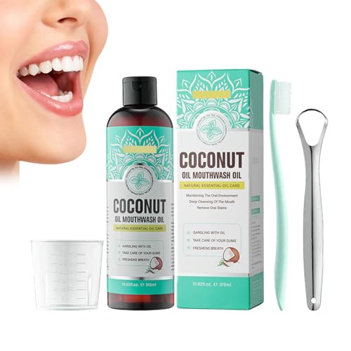Enjuague Bucal Con Aceite De Coco Para Blanqueamiento Dental Natural - Frescor De Coco Y Menta, Combate El Mal Aliento, Cuida Encías Y Lengua, Ayuda a Blanquear Dientes, 315ml