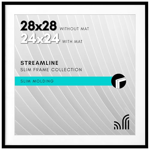 Americanflat 28x28 Poster Frame - Matted to 24x24 - Slim Molding - Black