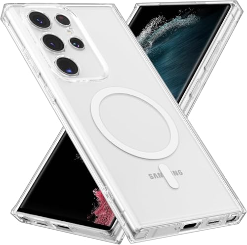 Image of Magnetic Silicone Case for Samsung Galaxy S22 Ultra 5G Compatible with MagSafe, Shockproof Phone Bumper Cover, Anti-Scratch Clear Back (Clear)