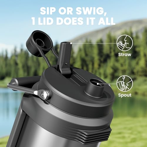 Image of 64 oz Insulated Water Bottle for Men: Meoky Triple Wall Vacuum Stainless Steel Half Gallon Water Jug - Top and Side Handles, 2-in-1 Straw and Spout Lid, Cold for 36 Hrs, Leak Proof for Sports (Silver)