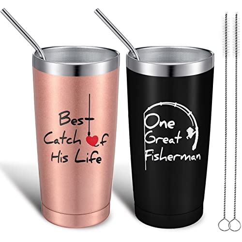One Great Fisherman Best Catch of His Life Couples Mug Gift for Husband and Wife Wedding Anniversary, Funny Engagement Gift Idea 20 oz Stainless Steel Mug Tumbler with Straw Brush (Black, Rose Gold)