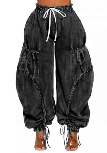 Women's Barrel Pants Y2k Baggy Cargo Jeans High Waisted Bow Tie Denim Pants with Drawstring Streetwear Black
