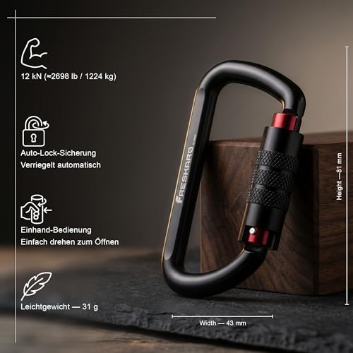 FresKaro Karabiner Schwarz, mit Drehsicherung, 12kN-1224kg Twist Lock, Aluminium, Ultraleicht Belastbar, Autolock, Schnellverschluss Karabina für Hängematte, Schlüssel, Hundeleine, 2 Stück