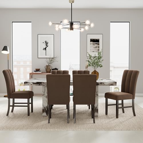 Image of Roundhill Furniture Cavira 7-Piece Modern Faux Marble Dining Set, Double Pedestal Table with 6 Upholstered Chairs