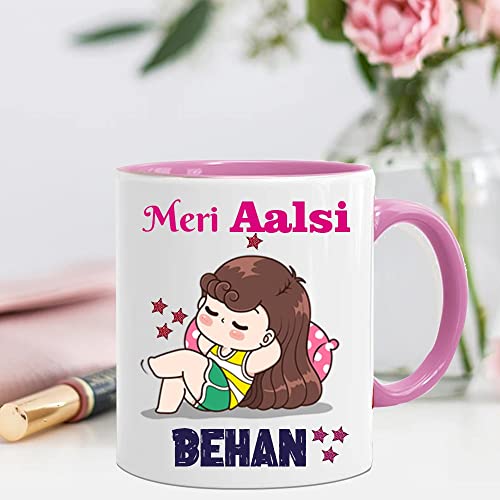 Gift Jaipur Meri Aalsi Behen Pink Handle White Ceramic Mug- Gift For Sister From Brother On Birthday Rakhi Rakshabandhan Bhaidooj Return Gift, 350 Microliter - 350 Ml