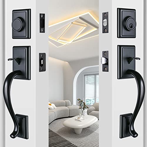 Hisafe Matte Black Door Handleset Keyed & Dummy Exterior Door Handle With Keyed-Alike Single Cylinder Deadbolt&Square Lever, Reversible (11.2“ Long Handle For Double Door) #TOP1