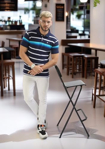 Image of fanideaz Mens Cotton Half Sleeve Striped Relaxed Fit Polo T Shirt With Collar 5005Navy S Ocean Blue