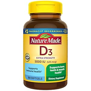 Nature Made Vitamin D3 5000 IU (125 mcg) Softgels, Extra Strength Vitamin D Supplement for Bone and Immune Health Support, 360 Count, 360 Day Supply