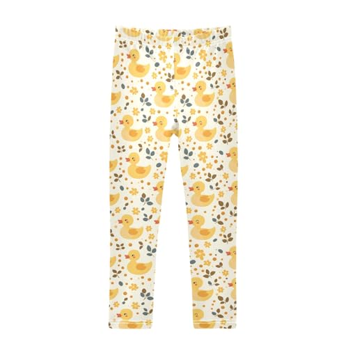 Simple Cute Yellow Ducks and Flower Girls Leggings Soft Comfortable Athletic Leggings Dancing Pants for 4-10 Years