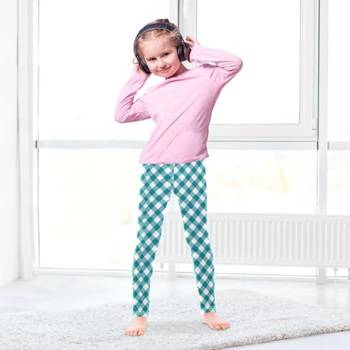 Girls Leggings Checkerboard Teal Tartan Plaid Kids Length Leggings Pants Toddler Athletic Soft Tights Trousers 4T4