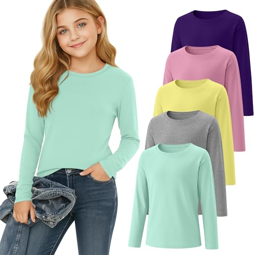 Image of 5 Pack Girls' Long Sleeve Shirts Kids Soft Crewneck Casual Loose Fit Layering Tops Basic Athletic Pullover Tee