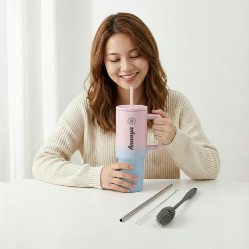 Image of Personalised 1200ml Insulated Stainless Steel Tumbler with Handle and Straw Lid - Large Travel Mug for Coffee & Water, Double Wall Vacuum Cup, Car Cupholder Friendly (Pink Blue)