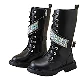 Girl Lace Up Boots Sparkly Rhinestone Strap Fashion Western Riding Boots Side Zip Up Combat Chunky Bottom Kids Boot