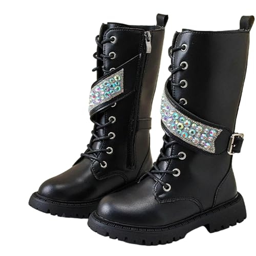 Girls Winter Leather Knee High Boots Fashion Sparkle Rhinestone Riding Boots Casual Lace-Up Side Zipper Combat Long Boot Shoes