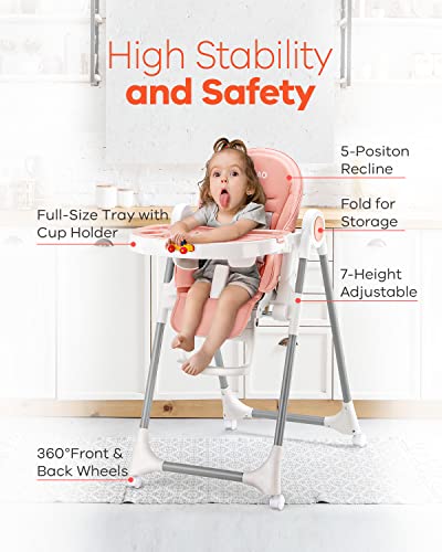 Heao Multi-Use High Chair For Babies & Toddlers, Easy Folding & Adjustable Highchair With 7 Height And 5 Recline Positions, Compact And Portable 360 Rotating Booster Seat With Removable Tray, Pink #TOP1
