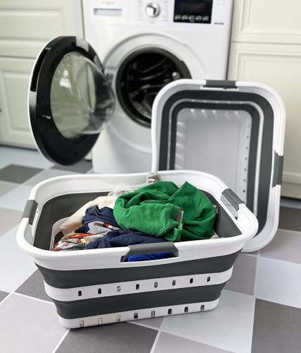 Image of SAMMART 42L (11 gallons) Set of 2 Plastic Foldable Storage Basket /Container - Collapsible, Space Saving and Portable Laundry Hamper, Ideal for Home, Travel, Dorm, and Camping (2, White /Steel Grey)