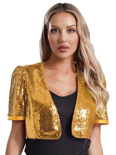 Yruioon Bolero para mujer, chaqueta de lentejuelas con hombros abiertos, cárdigan frontal, shrug tops, brillante, discoteca, danza, fiesta, rave, clubwear, dorado, L