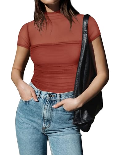 Image of REORIA Women's Sexy Mock Turtle Neck Short Sleeve Shirts Sheer Mesh Ruched Trendy Going Out Bodysuits Tops