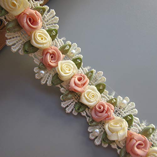 1 Yard Pearl Bead Flower Lace Trim Ribbon Scalloped Zigzag Edge 3.7Cm Width Vintage Apricot Edging Eyelash Trimming Fabric Embroidered Applique Sewing Craft Wedding Bridal Dress Clothes Headband Diy #TOP3