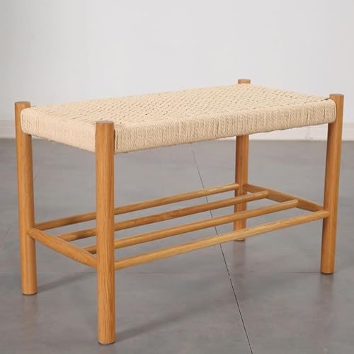 Zapatero para uso en interiores y exteriores, estilo moderno de granja, cuerda de algodón tejida a mano, roble natural, almacenamiento de entrada, pasillo, 110 x 35 x 45 cm