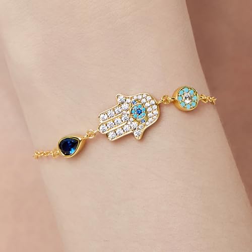 Cicy Bell Womens Evil Eyes 18K Gold Plated Link Bracelets Hamsa Hand Turquoise Cubic Zirconia Cable Chain Charm Bracelets Trendy Jewelry Gifts for Lover Mom Friends2