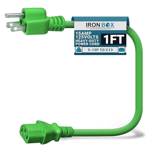 Image of IronBox Electric - Heavy-Duty 5-15P to C13 Power Cord - 3 Prong 15A 125V 14 /3 SJT PC Cable - Cord for Computer, Monitor, Subwoofer, Amplifier - Cable for Power Supply - (Green 1 Foot)