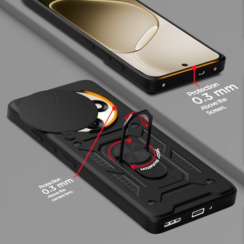 Image of Pikkme Back Cover for Oppo F31 Pro 5G | 360 Protection Case | Sliding Camera Shield Cover & Ring Holder Stand D10 Tough Armor Bumper Case (Black)