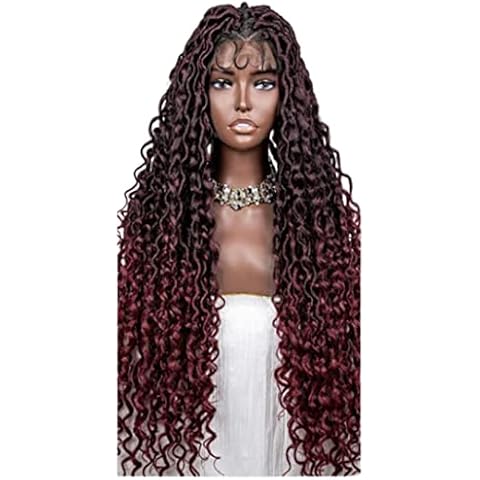 Kafune Amor Hair Care Gorgeous Full Burgundy Synthetic Faux Loc Wavy Braid Lace Wig Flawless Style Cover