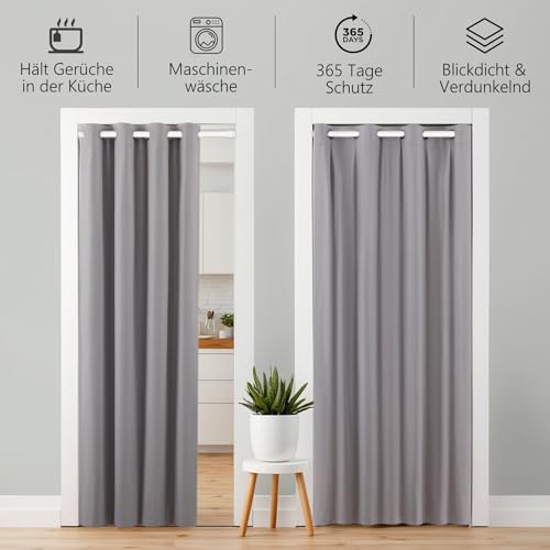 tinycurtains, Thermo Türvorhang mit Teleskopstange, einfache Montage in nur 1 Minute ohne Bohren (Türgardine hellgrau H200 x B150 cm +… – Ansicht 5