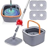 Sgizoku Juego de fregona con cubo, fregona giratoria de 360° con escurridor, función de lavado y secado, separa el agua limpia y sucia, mango telescópico con 4 almohadillas reutilizables para todo