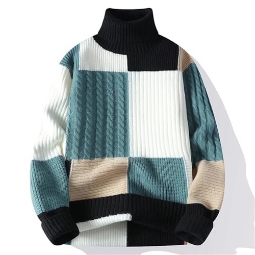 Men’S Casual Patchwork Turtleneck Sweater Loose Fit Long Sleeve Youthful Style Knit Pullover Jumper Top4