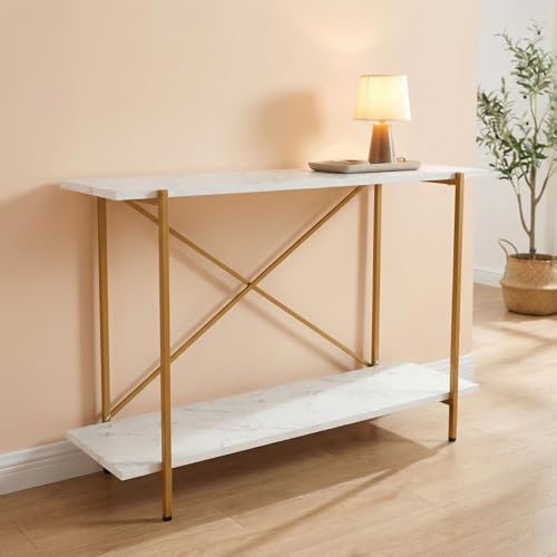 Image of ecofynd Elix 47 Inch Console Table, Metal with Engineered Wooden top Long Narrow Hallway, Entryway, Living Room, Dining Room, Office, Home Side Table Storage Shelves, 47 inchX 9 inchX 28 inch White and Gold