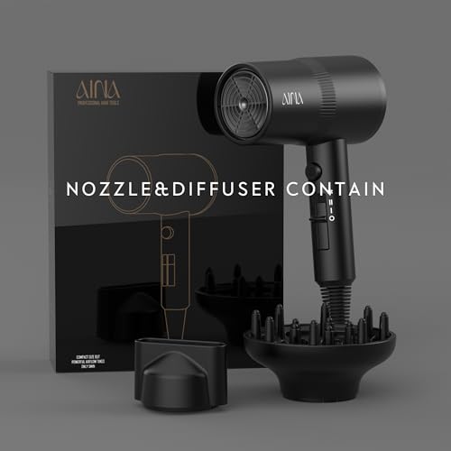 Image of AINA Diffuser Hair Dryer Full-Featured Blow Dryer 110V /1600W(Vader Black) | 3 Heat /2 Speed|Cold shut button|Lightweight|Compact Size|High Temp|Low Airflow|Same Results|Less Expense