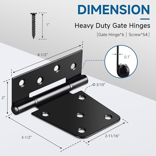 Image of 3.5 Inch Heavy Duty Gate Hinges, 6 Pack Black Iron Extra Thick T Door Hinges, Gate Hardware Kit for Indoor Outdoor, Shed, Wooden Fences, Vinyl Fence, Barn Door, Garage (Screws Included)