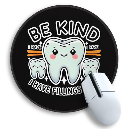 Image of Gctriki Cute Tooth Round Mouse Pad, Funny Dental Office Decor, Be Kind | Stitched Edge,Non-Slip Rubber Base, Black Mouse Pad for Gaming Laptop Computer, Cute Home Office Desk Accessories Decor
