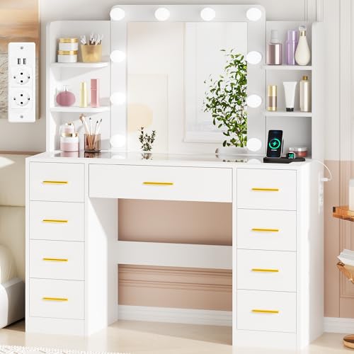 BEWISHOME Grande Tocador con Luces LED Regulables y enchufes, Mesa de Maquillaje con Espejo y Tapa de Vidrio,Tocador de Maquillaje con 9 cajones,4 estantes Abiertos Blanco EFST39W