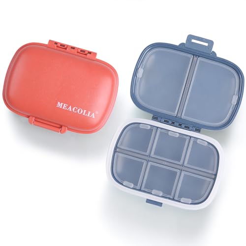 MEACOLIA 2 Pack 8 Compartments Travel Pill Organizer Box Moisture Proof Small Pill Case for Pocket Purse Daily Pill Holder Container for Medicine Vitamin (Dark Blue & Red)