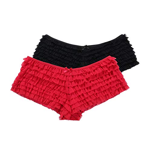 SHARICCA Womens Sexy Mesh Ruffle Panties Booty Boy Shorts Underwear Large-X-Large Red and Black