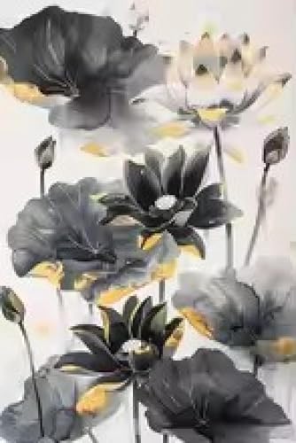 Toile fleur de lotus noir et or XBTYKPB 21x30 cm pour décoration de salon - 2