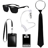 GDLOKFU Agent Kostüm Zubehör, Geheimdienst Kostüm Set, Spion Verkleidung mit schwarzer Sonnenbrille, Zip-Krawatte, Hörer, ID-Karte & Kartenhalter für Herren Damen, Karneval Fasching Mottoparty