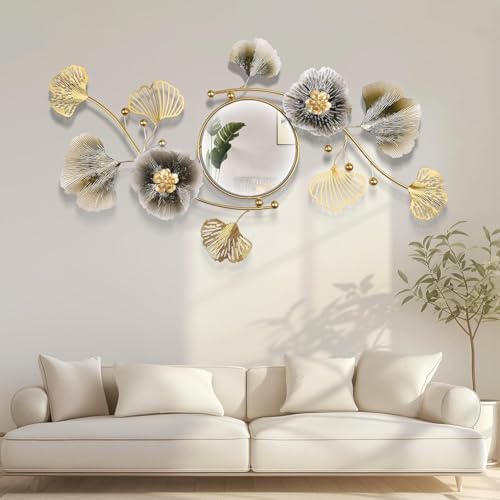 Gran espejo de pared, moderno espejo de decoración, diseño 3dmetal ginkgo biloba – perfecto para salón, dormitorio, baño o pared de entrada (Color del café, 82 cm)