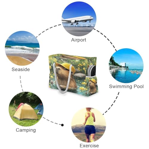 Large Beach Bags Totes Canvas Tote Shoulder Bag Yellow Hat Capybara Water Resistant Bags for Gym Travel Daily3